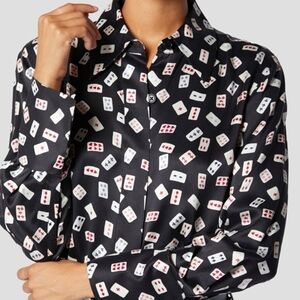 100% Silk Equipment Button Down Valentine's Playing Cards Print Blouse